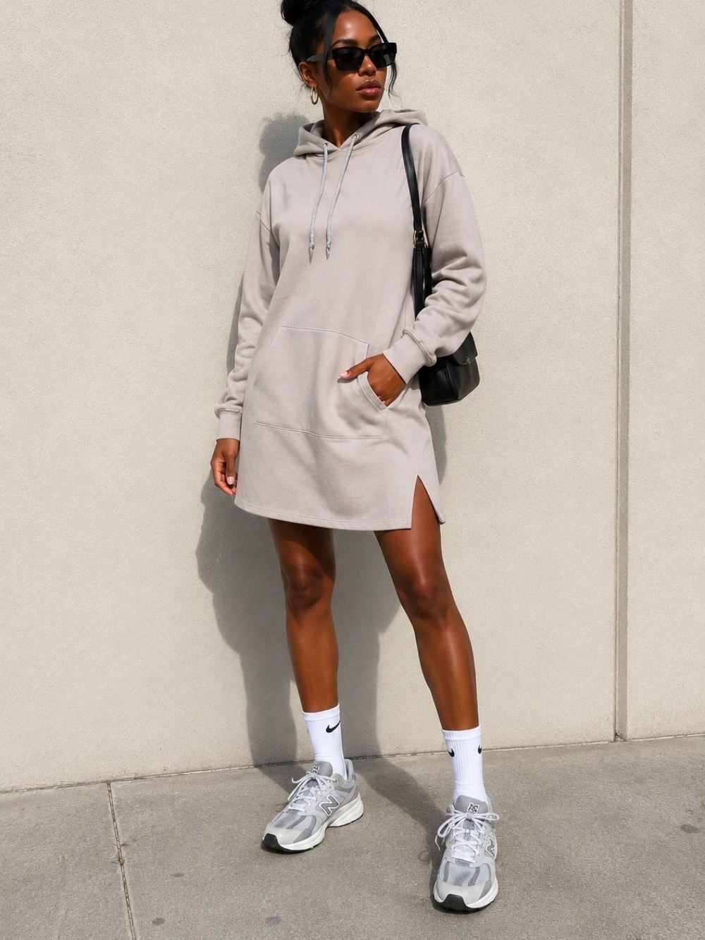 Casual Hooded Mini Dress in Taupe